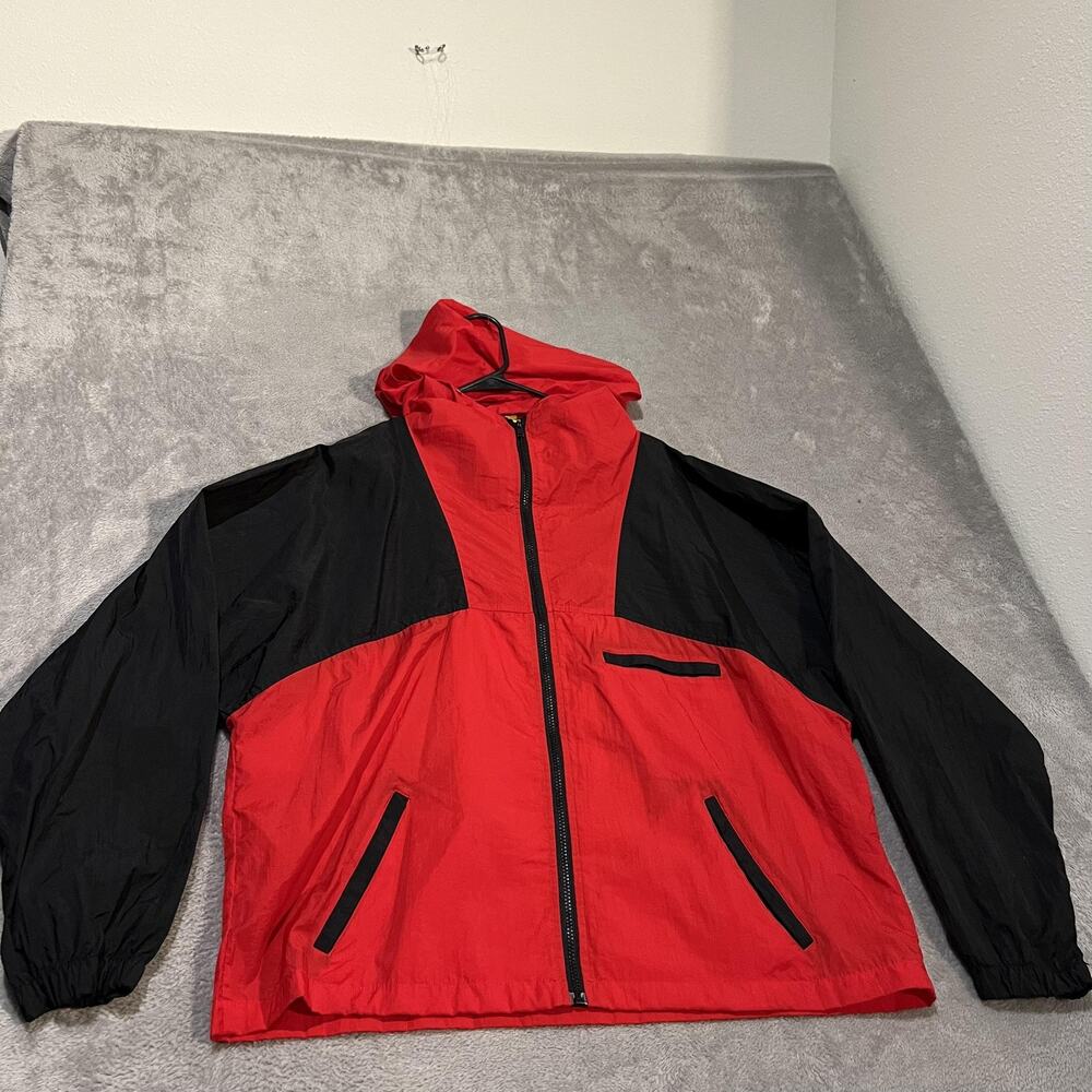 Vintage Windbreaker Jacket Mens XL Red Black Hooded Nylon Colorblock 90s